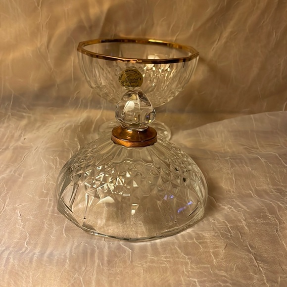 Cristal D’Arques-genuine lead crystal small candy dish w/gold rim & top, cut d… - Picture 2 of 7